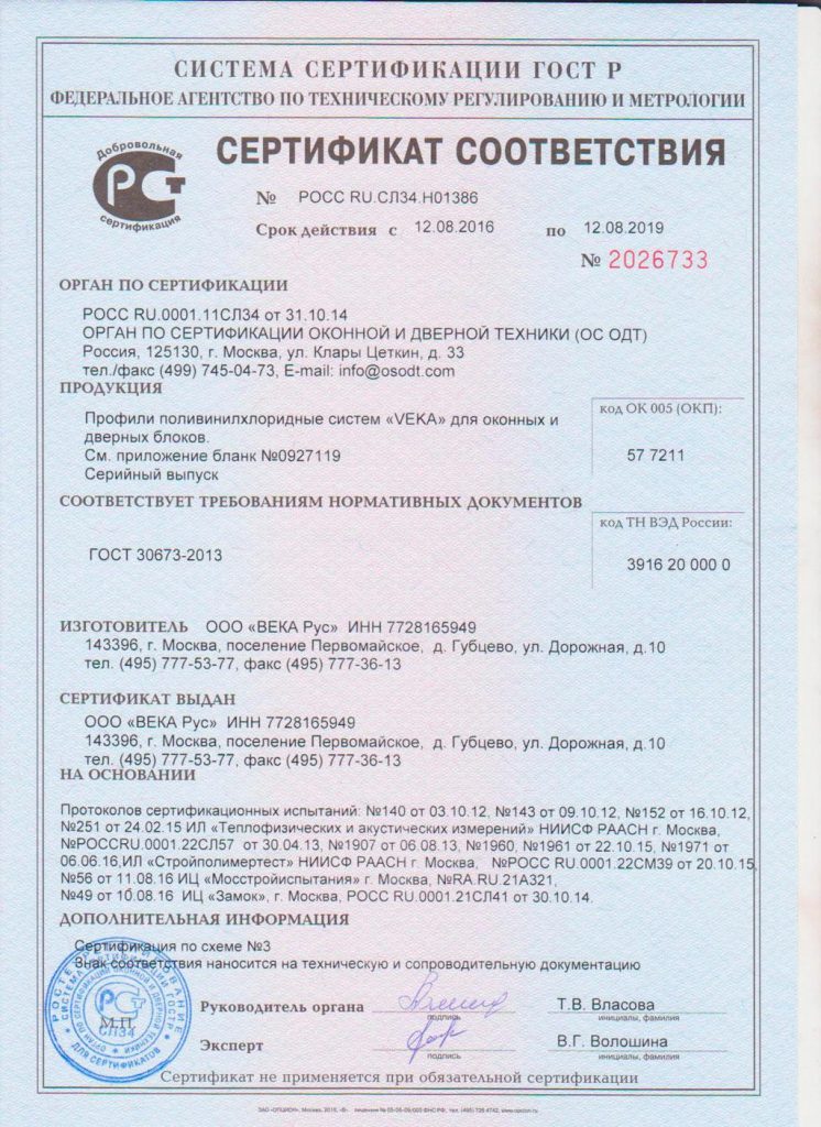 Сертификат соответствия на Стеклопакеты